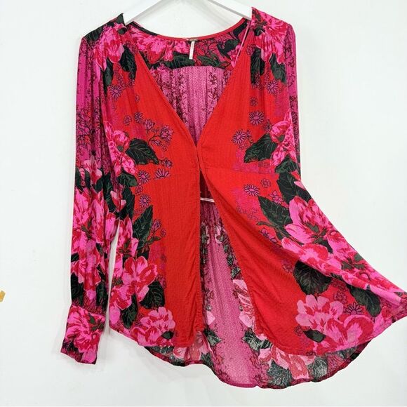 Free People Mikayla Red Pink Floral Hook Closure Blouse  in Scarlett Combo - Picture 5 of 16